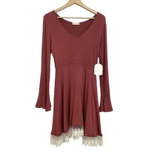 Altar’d State Long Sleeve Dress in Rose Brick Red with Ivory Crochet Lace